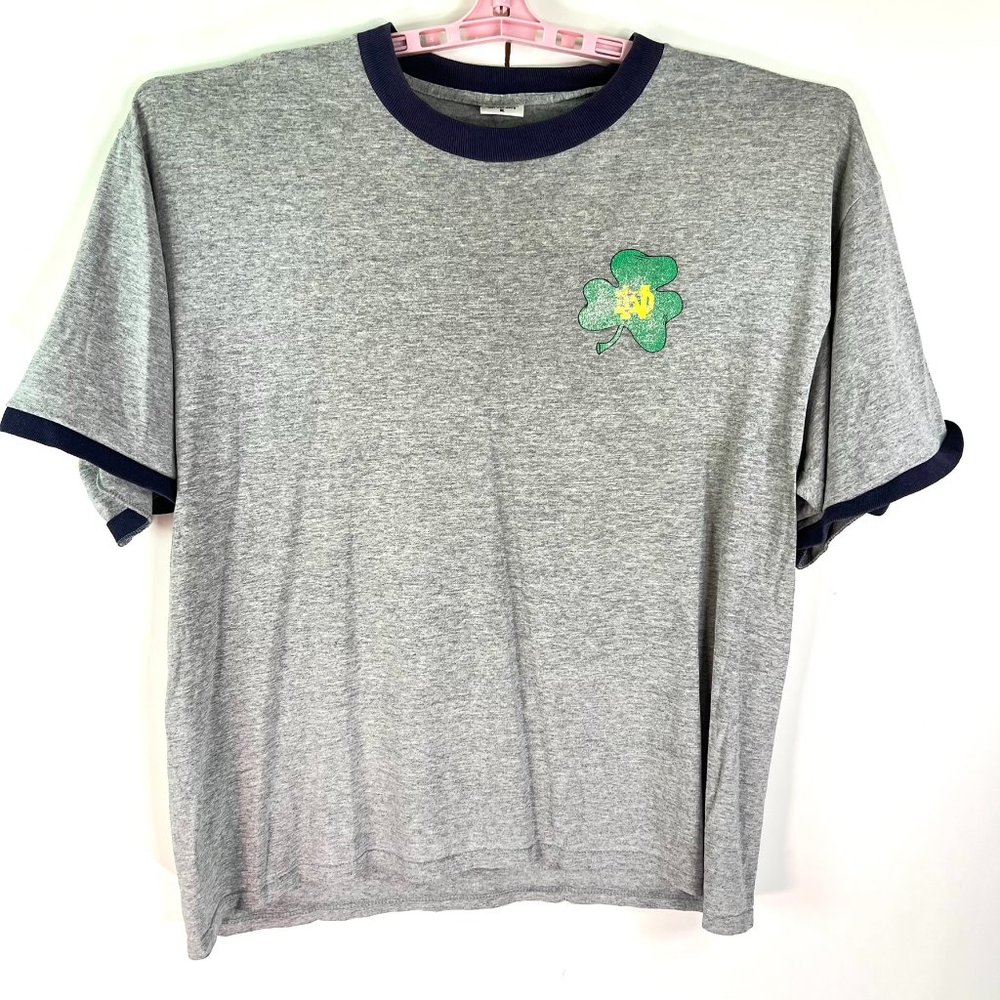 Vintage Notre  Dame Go Irish Adult T Shirt Size XL Gray Ringer Distressed